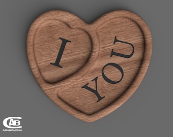 May include: A wooden heart-shaped serving tray with two compartments. The left compartment says "I" and the right compartment says "YOU".