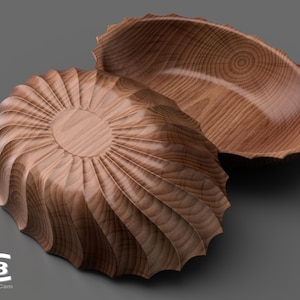 May include: Two wooden bowls, one with a smooth, rounded interior and the other with a fluted, textured interior. Both bowls have a natural wood grain pattern.