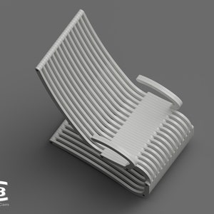 May include: A white, slatted, curved chair with a single armrest. The chair is made of wood and has a simple, modern design.