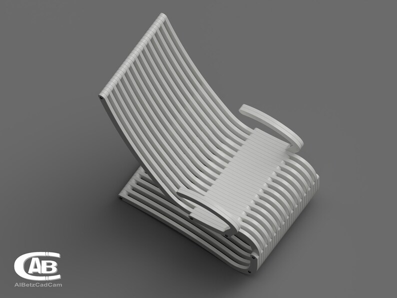 May include: A white, slatted, curved chair with a single armrest. The chair is made of wood and has a simple, modern design.