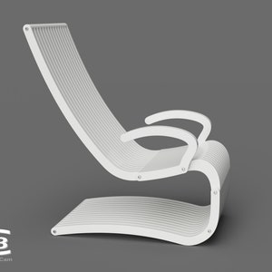 May include: White modern chair with a curved, slatted design. The chair has two armrests and a curved base.
