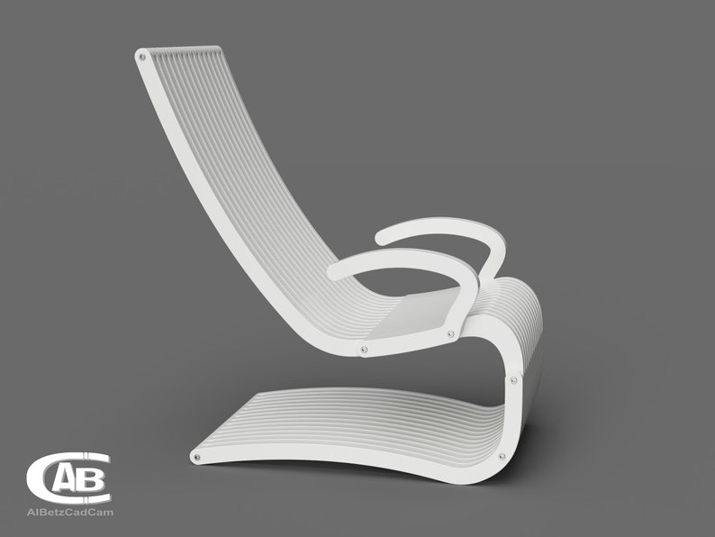 May include: White modern chair with a curved, slatted design. The chair has two armrests and a curved base.