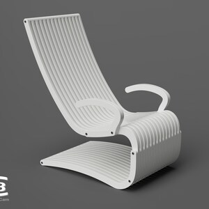 May include: White, modern, slatted lounge chair with a curved back and a single armrest. The chair is made of wood and has a unique, organic design.