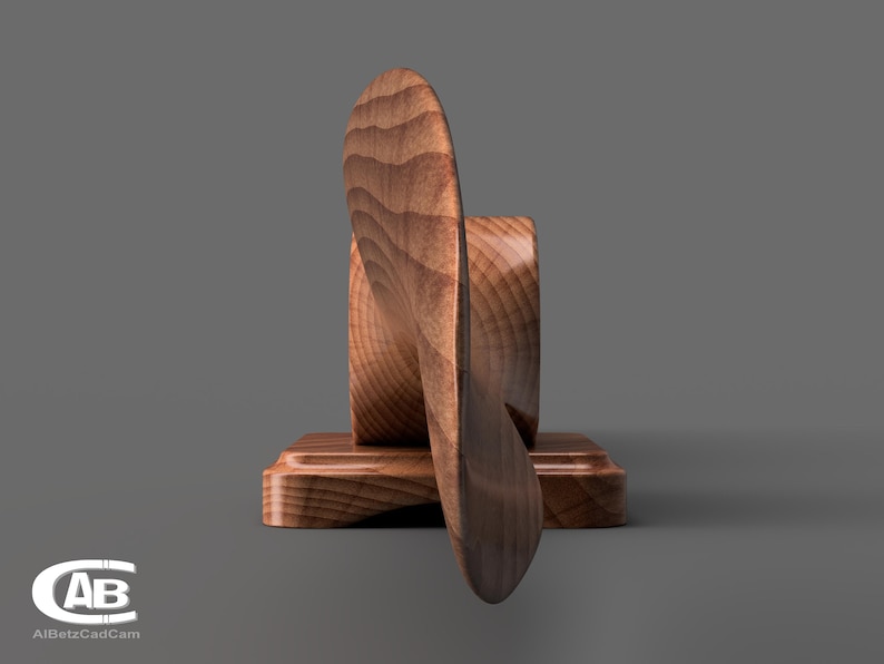 May include: A wooden propeller mounted on a wooden base. The propeller is brown and has a natural wood grain. The base is also brown and has a natural wood grain.