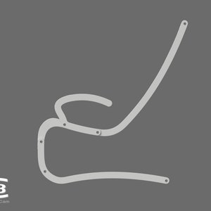 May include: A white metal chair frame with a curved back and a seat with a cutout for a handle. The frame has several holes for attaching screws.