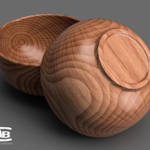 May include: Two wooden bowls, one turned upside down, showing the grain of the wood. The bowls are a light brown colour.