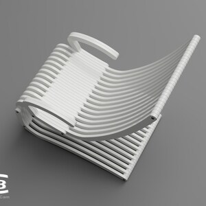 May include: White folding chair made of multiple interlocking slats. The chair is folded and appears to be made of plastic.