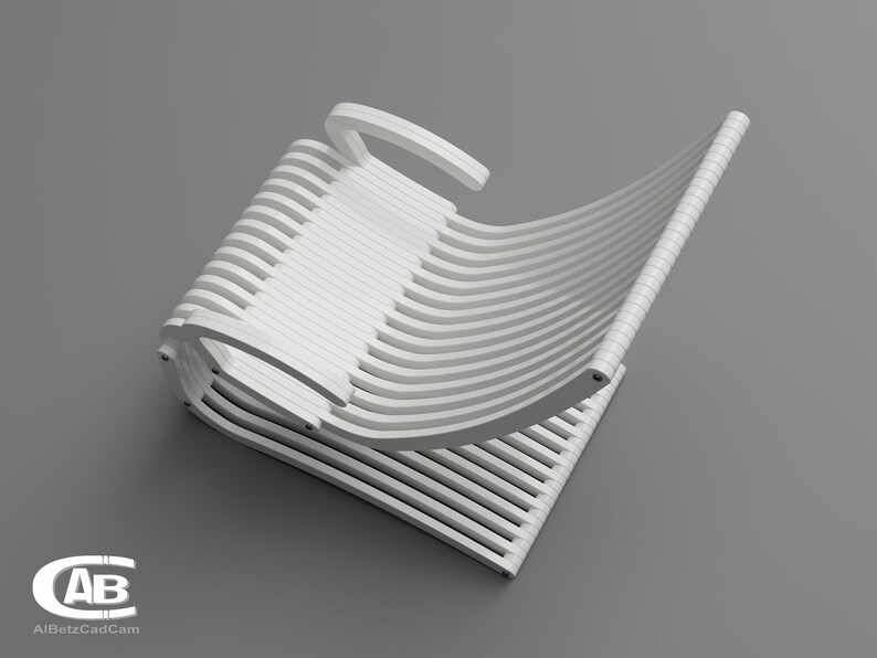 May include: White folding chair made of multiple interlocking slats. The chair is folded and appears to be made of plastic.