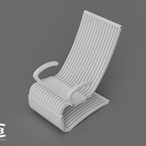 May include: A white, slatted, curved chair with armrests. The chair is made of wood and has a modern design.