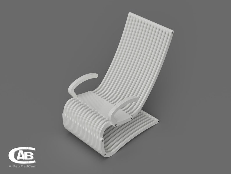May include: A white, slatted, curved chair with armrests. The chair is made of wood and has a modern design.