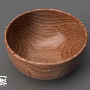May include: A wooden bowl with a natural wood grain finish. The bowl is empty and has a smooth, rounded interior.