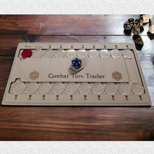 May include: A wooden combat turn tracker with a blue and white dice on the board. The board has slots for 20 dice and a red marker for the current turn. The text "Combat Turn Tracker" is printed on the board.