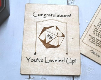 Birthday Card - Congratulations! You've Leveled Up!   Humorous birthday card, engraved wood, gamer gift, rpg, role-playing games d&d dnd