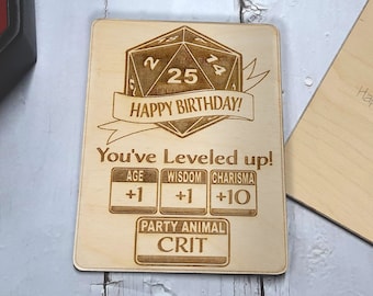 Birthday Card - Happy Birthday! You've Leveled Up!   Level Up Stats birthday card, engraved wood, gamer gift, rpg, role-playing games d&d