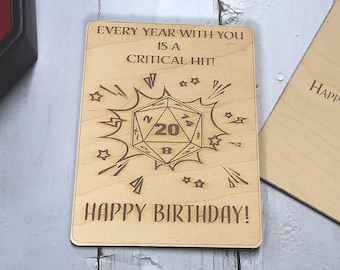 Critical  Hit - Birthday Card -Adventurous birthday card, engraved wood, rpg gamer gift, role-playing games d&d dnd