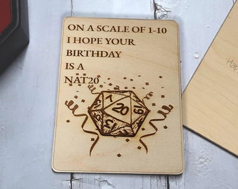 Engraved Wood Nat 20 Birthday Card: RPG Gamer Gift