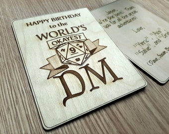 Happy Birthday to the World's OKAYEST DM - Birthday Card - Humorous birthday card, engraved wood, rpg gamer gift, role-playing games d&d dnd