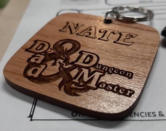 Dad and Dungeon Master, personalized D&D dungeons and dragons wooden key chain.