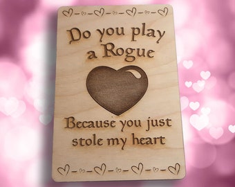 Valentine / Anniversary Card - Rogue You Stole My Heart RPG Gaming Clever VDay card, engraved wood, gamer gift, rpg, role-playing games d&d