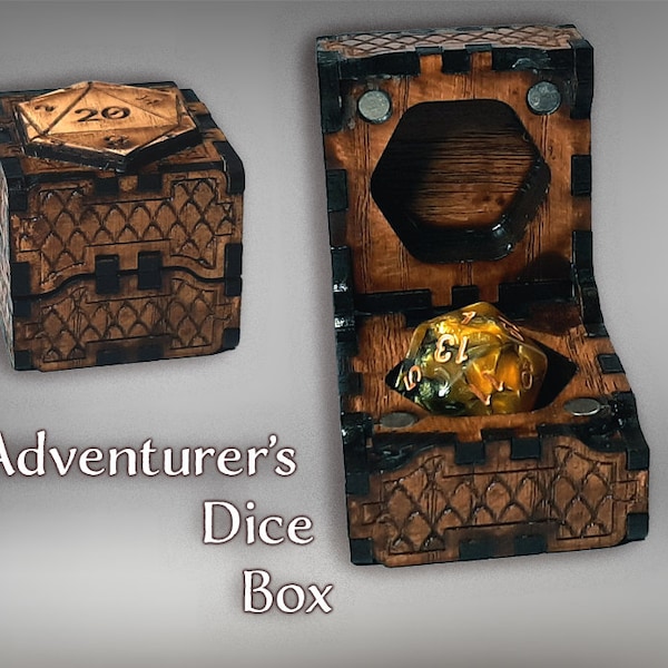 Adventurer's Dice Box - Single Die - D20 wooden engraved RPG Dice box with magnetic lid