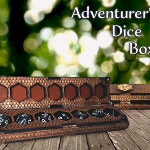 Adventurer's Dice Box - 7 Slots - D20 wooden engraved RPG Dice box with magnetic lid for full set of D&D dice