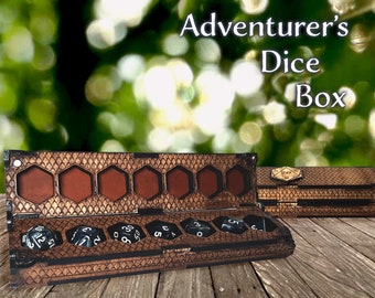 Adventurer's Dice Box - 7 Slots - D20 wooden engraved RPG Dice box with magnetic lid for full set of D&D dice