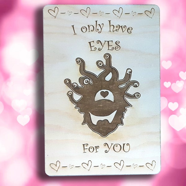Valentine / Anniversary Card - I Only Have Eyes For You RPG Gaming Clever VDay card, engraved wood, gamer gift, rpg, role-playing games d&d