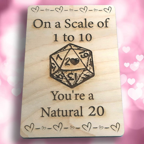 Valentine / Anniversary Card -Natural 20 RPG Gaming Clever card, engraved wood, gamer gift, rpg, role-playing games d&d dnd