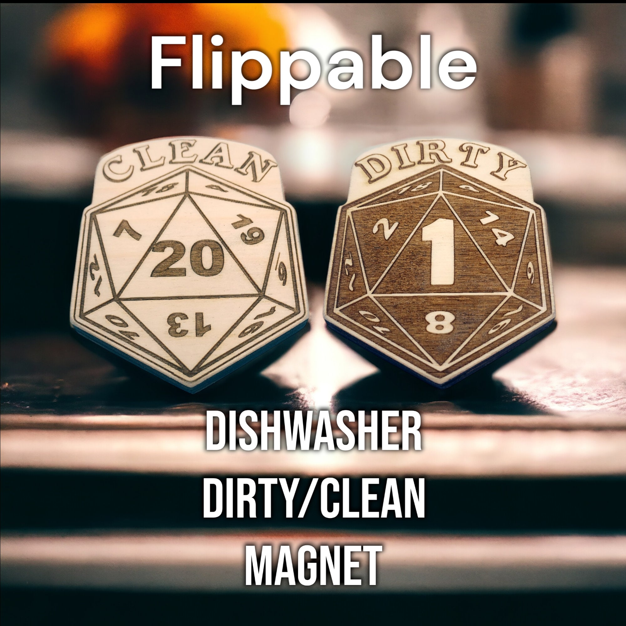 D20-Themed Reversible Dishwasher Magnet – Critical Clean or Epic Fail! Two Sided - D&D D20 role playing themed dish magnet