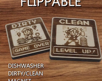Dishwasher Dirty / Clean Magnet Indicator Two Sided - Retro 8-bit Adventurer themed dishwasher magnet
