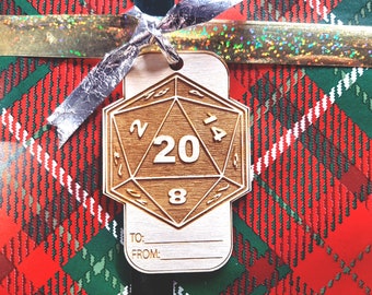 Gift Tag - D20 D&D engraved gaming gift wrap label RPG tabletop themed birthday or holiday hang tag