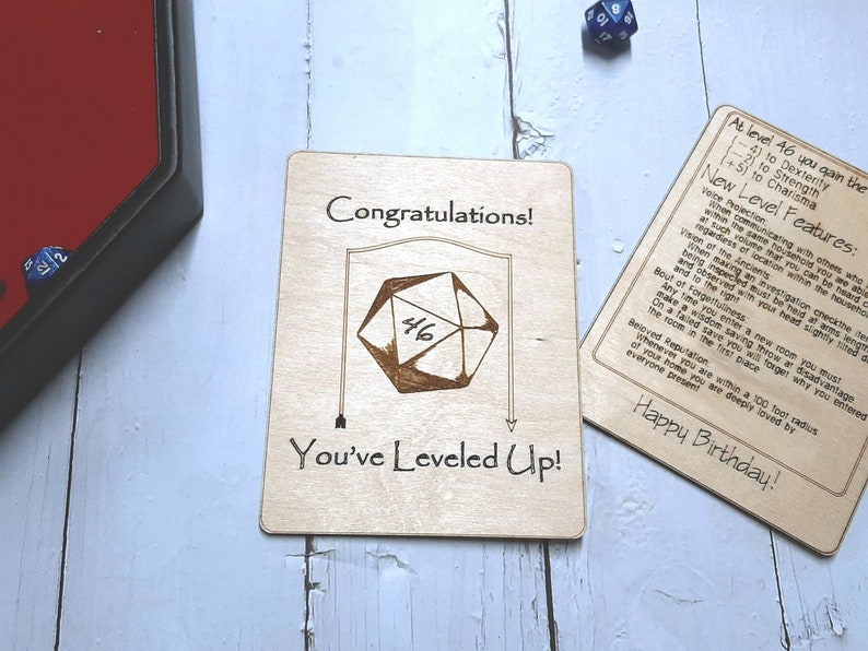 Birthday Card Congratulations You've Leveled Up Humorous birthday card, engraved wood, gamer gift, rpg, role-playing games d&d dnd image 1