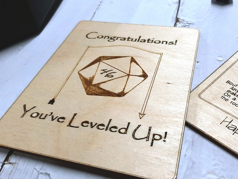 Birthday Card Congratulations You've Leveled Up Humorous birthday card, engraved wood, gamer gift, rpg, role-playing games d&d dnd image 2