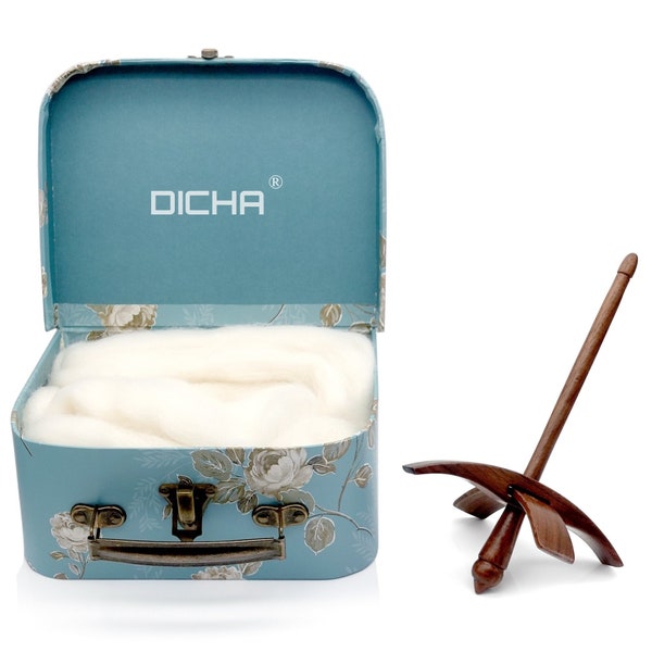 DICHA Black Walnut Turkish Spindle Kit with 2 oz Wool Roving-Weaving Spinning Wheels for Beginners-All in A Gift Box-Perfect Spinner Gifts