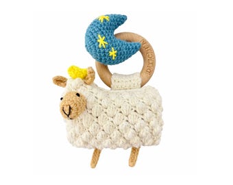 Wood Baby Rattle-Infant Crochet Rattle Sensory Development Wooden Toys Set-Includes Beech Wooden Teething Ring-Sheep
