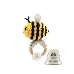 Crochet Bee Baby Rattle - Sensory Toy for Babies - Ideal for Baby Shower - Includes Beech Teething Ring