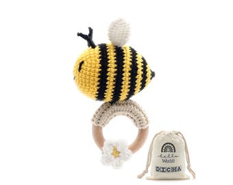 Crochet Bee Baby Rattle - Sensory Toy for Babies - Ideal for Baby Shower - Includes Beech Teething Ring