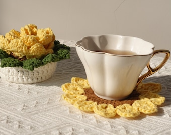 Sunflower Coasters-Crochet Leaf Pot Coasters-Bar Coasters for Drinks Coffee Table Desk-Succulent Plant Pot Coaster-Set of 5-Monstera Coaster