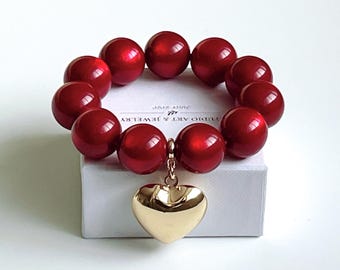 Red Beaded Bracelet: Chunky Resin Beads, Large Heart Charm