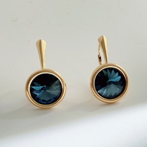 925 Sterling Silver Rivoli Earrings, Night Blue Swarovski Crystal, 18k Gold Plated Earrings, Lever Back Earrings, Crystal Earrings