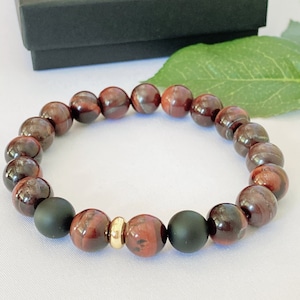 Pulsera de ojo de tigre rojo Pulsera de hombre Pulsera con cuentas Regalo para él, Regalo de cumpleaños Regalo para el padre Mala Pulsera Pulsera minimalista marrón