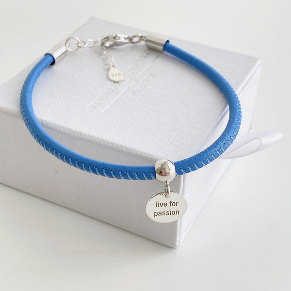 Blue Nappa Leather Bracelet, Live is Passion Charm Bracelet, Genuine Leather Bracelet, 925 Sterling Silver, Everyday Bracelet,