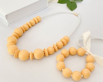 Summer Yellow Jewelry Set, Fashion Nappa Leather Beaded Necklace, Women's Statement Piece, Chunky Yellow Bracelet, Beaded Necklace