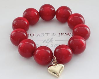 Handmade Red Beaded Bracelet: Chunky Resin Beads with Heart Charm