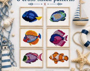 Set of 6 Colorful Fish Cross Stitch Pattern PDF, Tropical Fish Charts, Ocean Embroidery Design, Digital Download, DMC White Aida