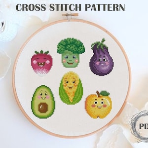 Funny Fruits cross stitch pattern PDF, Instant download, Vegetables embroidery pattern, Cute Kitchen Cross Stitch Pattern PDF