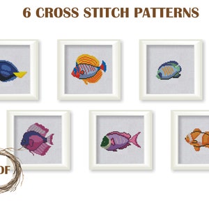 Set of 6 colorful fish cross stitch pattern PDF, Easy Counted Cross Stitch, Multicolored Fish Cross Stitch Chart, Instant PDF Download