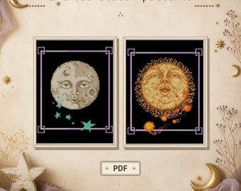 Set mit Kreuzstichmustern von Mond und Sonne (PDF), Himmelskarten, Astronomie-Stickmuster, digitaler Download, DMC Weißer Aida-Stoff