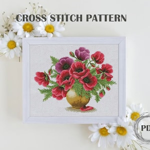 Poppies in a Vase Cross Stitch Pattern PDF, Poppy cross stitch, Instant Download PDF, Flower x stitch PDF