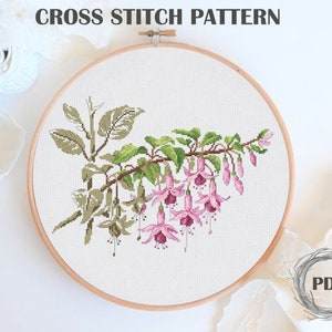 Fuchsia Cross Stitch Pattern PDF, Flowers Cross Stitch, Fuchsia modern embroidery